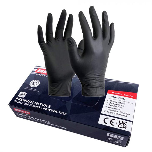 Bike It Disposable Black Nitrile Workshop/Mechanics Gloves (Powder Free) - Box of 100pcs